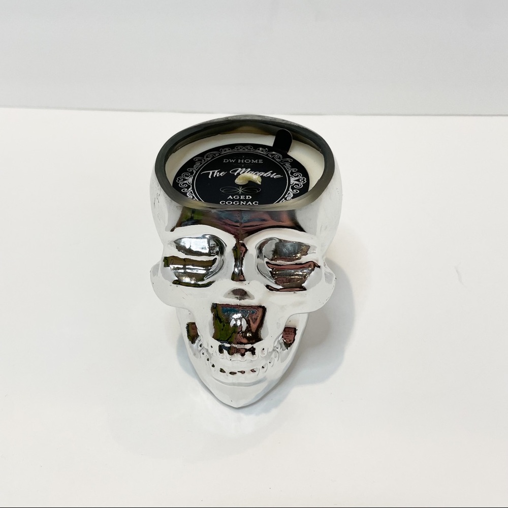 NWT DW Home Silver Metallic Ceramic Skull Candle Aged Cognac HALLOWEEN RARE